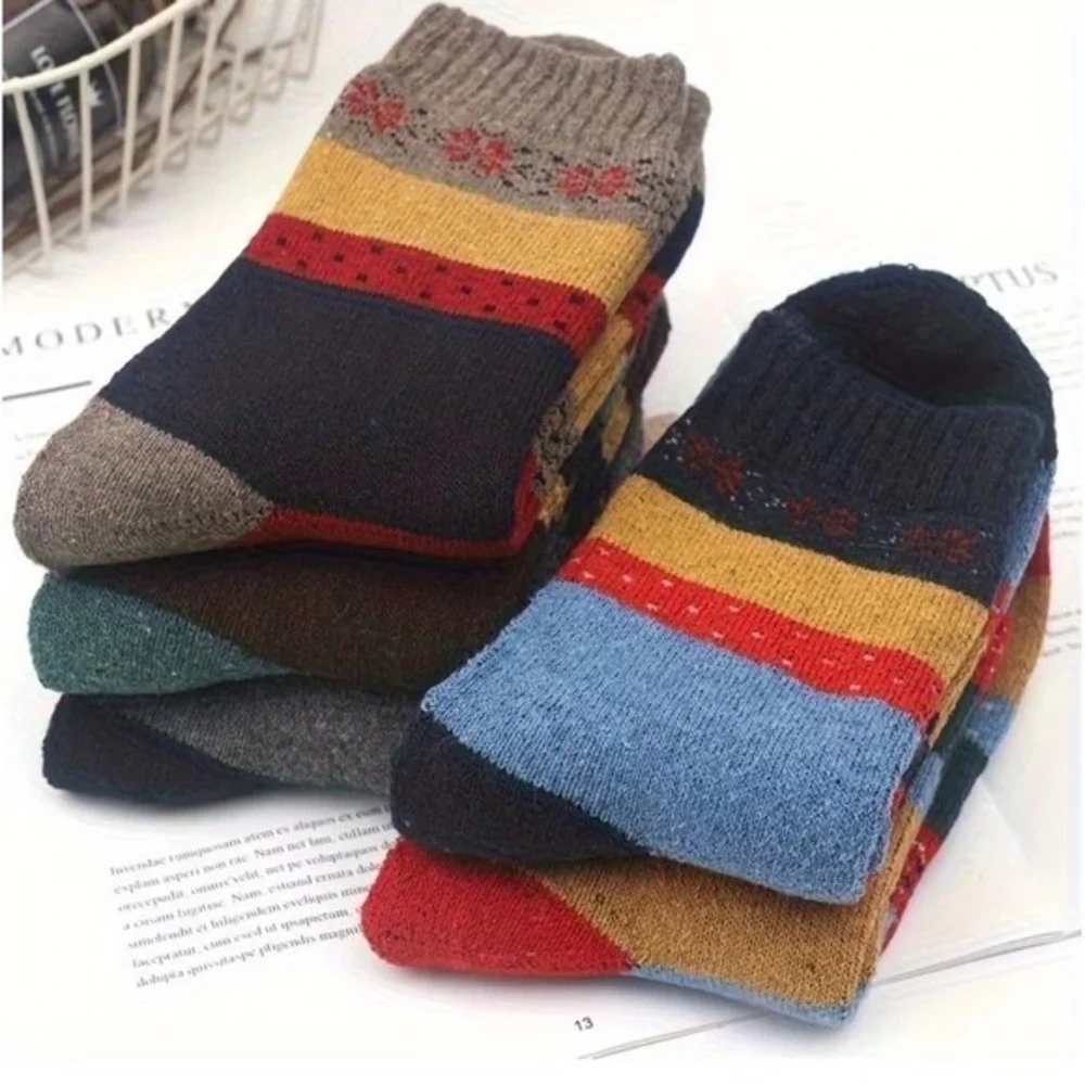 Merino Wool Thermal Winter Socks Multicolor Striped Snowflake LARGE Youth Unisex